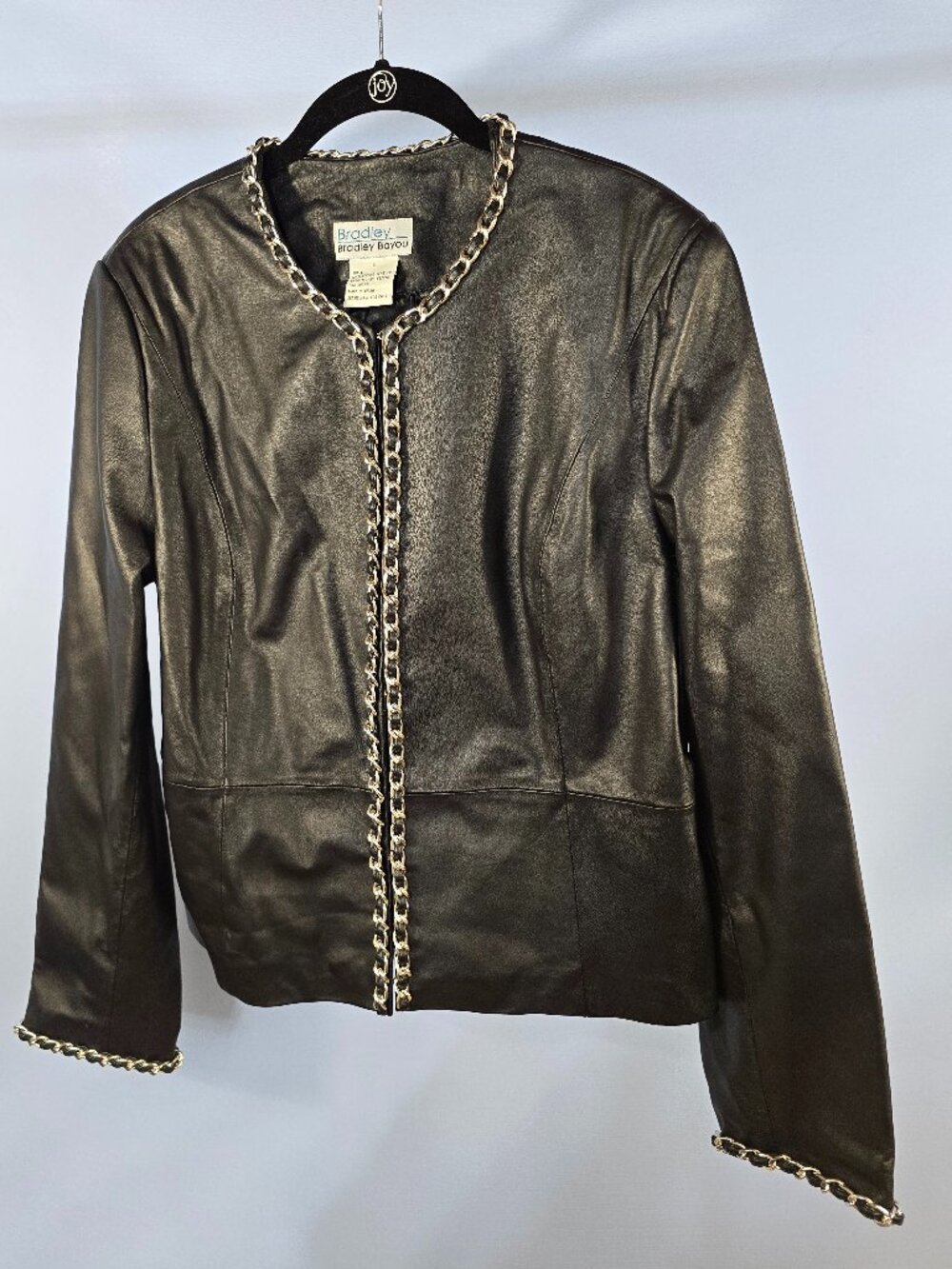 NWOT BRADLEY BAYOU BLACK GENUINE LEATHER SILVER ACCENT CURB LINK CHAIN JACKET